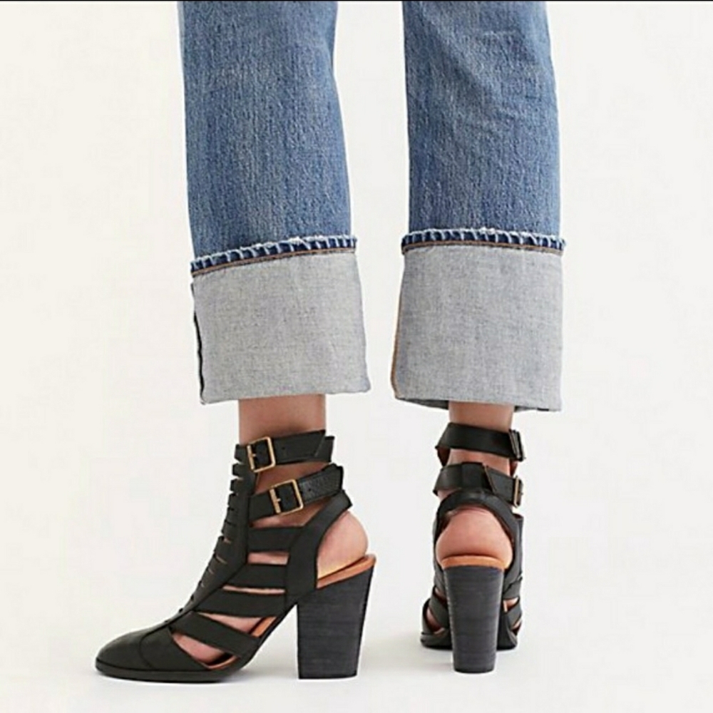 Stylish Strappy Free People Black Leather Booties - Picture 4 of 10